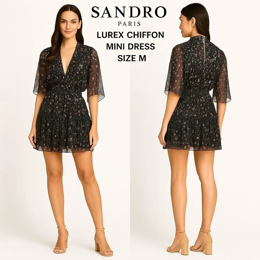 Sandro Paris Pleated Hound Print Metallic Dress 38/6